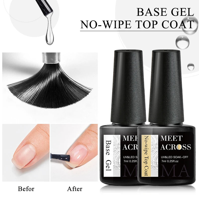 MEET ACROSS 7ml Base Top Coat Gel Polish Soak Off Semi Permanent UV Gel Nail Art Varnish Base Gel Top Coat Gel Varnish Manicure