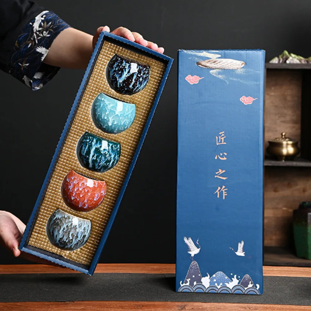 Five Elements Gift Box Chinese Ceramic Kung Fu Tea 5-piece Ceramic Teacup