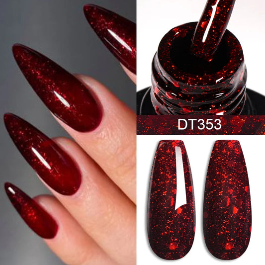 MEET ACROSS 7ml Red Series Gel Nail Polish Glitter Red Winter Nail Art Varnish Semi Permanent Soak Off UV Gel  For Nails