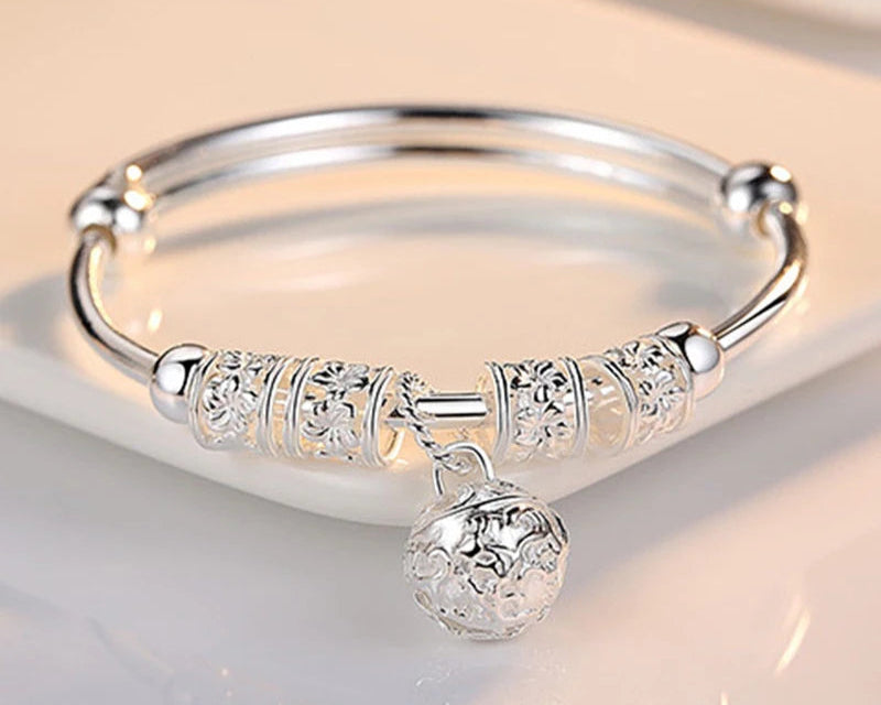 Elvera 925 Sterling Silver hollow Bells ball bangles adjustable Bracelets