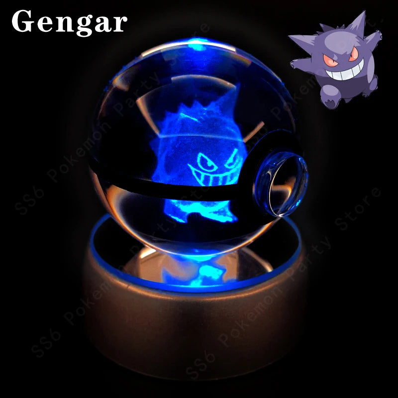 Pokemon Crystal Ball 3D Pikachu Gengar Mew Mewtwo Lamp Base Pokeball Crystal Pokemon Glass Ball Figure Night Light Birthday Gift