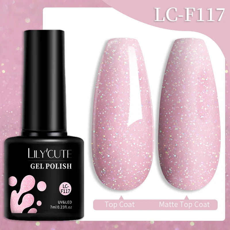 LILYCUTE 7ML Pink Glitter Quick Extension Gel Nail Polish Pink Gold Foils Effect Vernis Semi Permanent UV Gel Nail Art Hard Gel