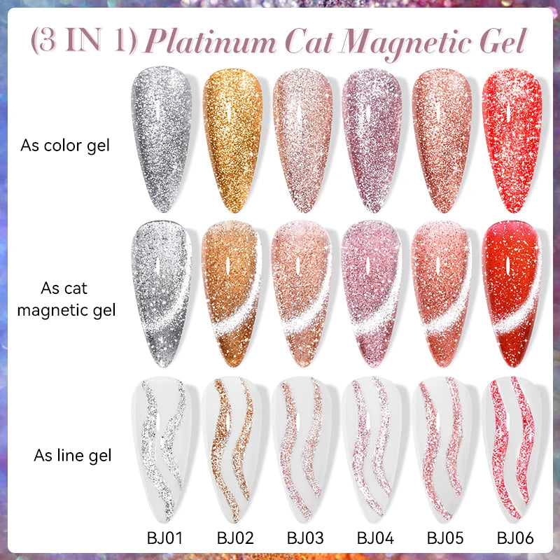 LILYCUTE 7ML 3 IN 1 Platinum Rose Gold Cat Magnetic Gel Nail Polish Moonlight Magnetic Gel Varnish Glitter Semi Permanent UV Gel