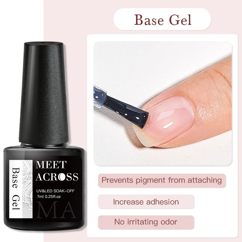 MEET ACROSS 7ml Base Top Coat Gel Polish Soak Off Semi Permanent UV Gel Nail Art Varnish Base Gel Top Coat Gel Varnish Manicure