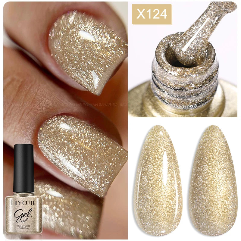 LILYCUTE 7ml Gold Sparkling Glitter Gel Nail Polish Semi Permanent UV Gel Soak off UV LED Nail Gel Varnish For Nail Manicure DIY