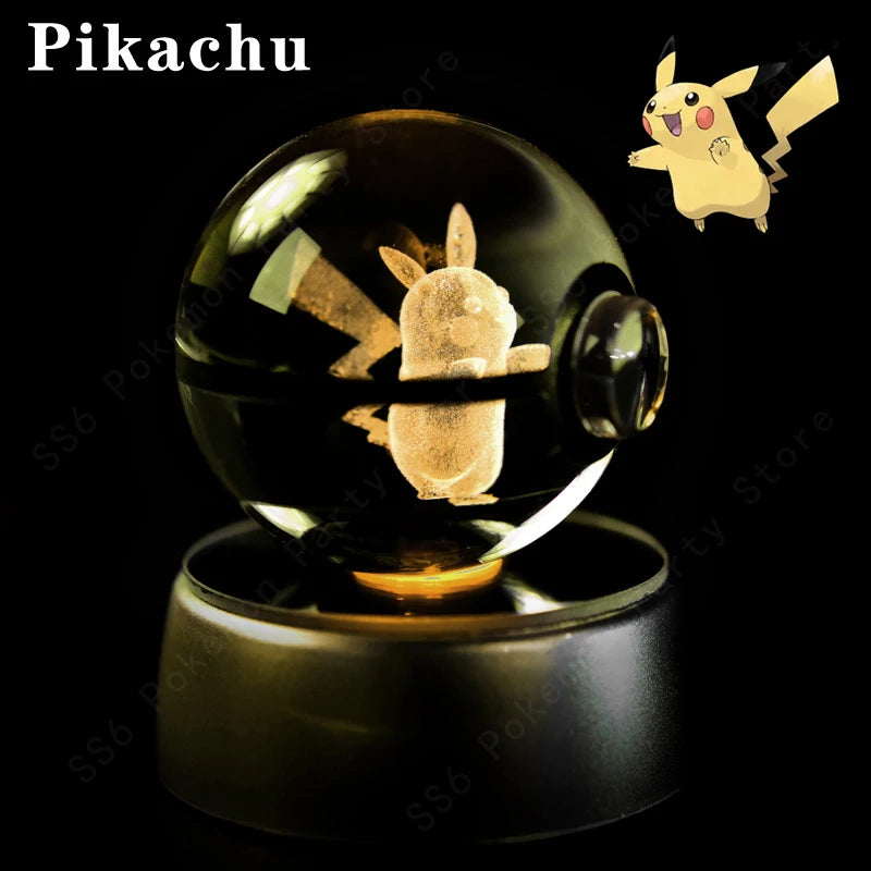 Pokemon Crystal Ball 3D Pikachu Gengar Mew Mewtwo Lamp Base Pokeball Crystal Pokemon Glass Ball Figure Night Light Birthday Gift