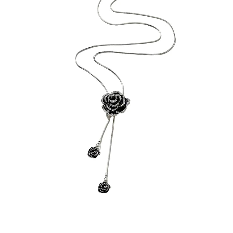 Asmi Black Rose Flower Long Necklace - TIA ART HOUSE