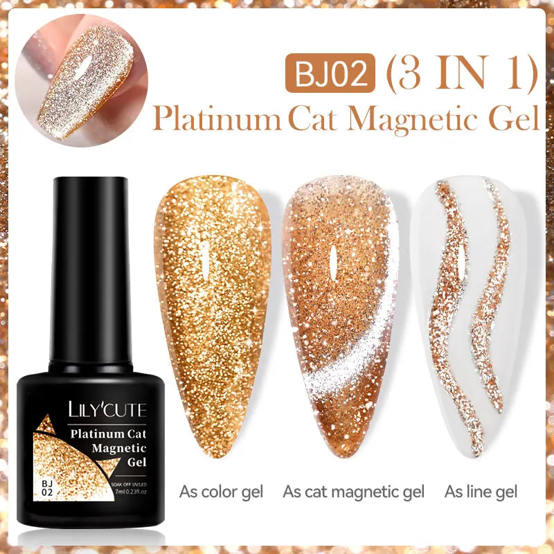 LILYCUTE 7ML 3 IN 1 Platinum Rose Gold Cat Magnetic Gel Nail Polish Moonlight Magnetic Gel Varnish Glitter Semi Permanent UV Gel