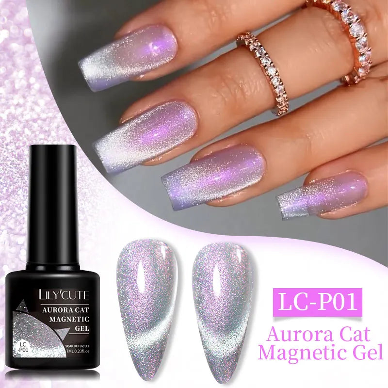 LILYCUTE 7ML 3 IN 1 Platinum Rose Gold Cat Magnetic Gel Nail Polish Moonlight Magnetic Gel Varnish Glitter Semi Permanent UV Gel