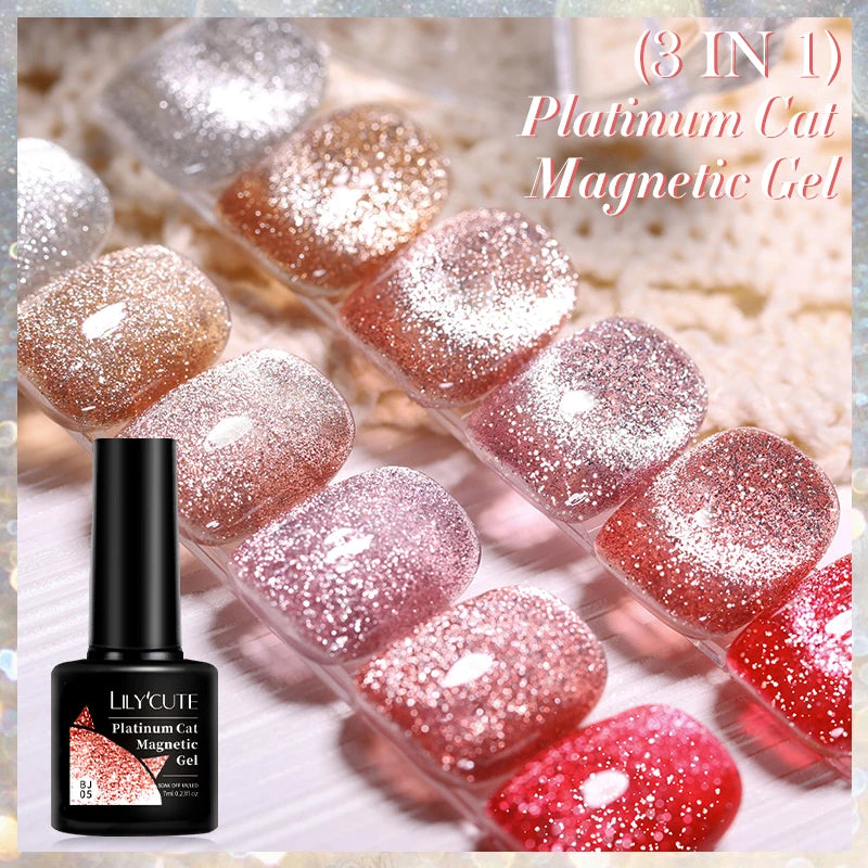 LILYCUTE 7ML 3 IN 1 Platinum Rose Gold Cat Magnetic Gel Nail Polish Moonlight Magnetic Gel Varnish Glitter Semi Permanent UV Gel