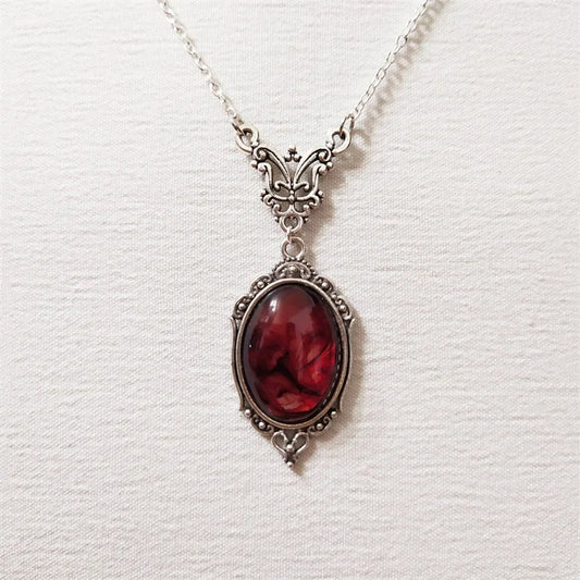 Gothic Vintage Red Quartz Crystal Necklace Butterfly Necklace Vampire Embossed