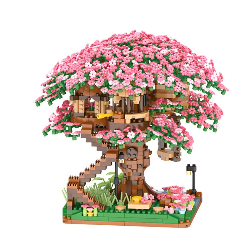 Mini Sakura Tree Building Blocks Set Diy Cherry Blossom Bricks with Light Treehouse Model Ornament Romantic Gift for Girlfriend