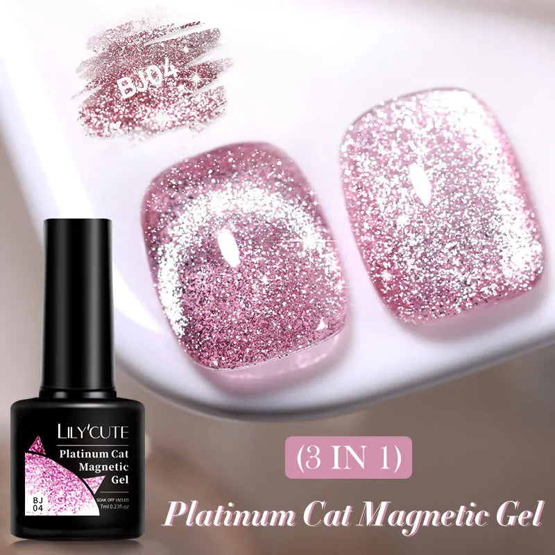 LILYCUTE 7ML 3 IN 1 Platinum Rose Gold Cat Magnetic Gel Nail Polish Moonlight Magnetic Gel Varnish Glitter Semi Permanent UV Gel