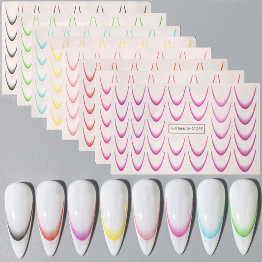 8pcs Gradient French Nail Art Stickers Ink Blooming Wave Line Water Transfer Sliders Decals DIY Ombre Manicure Decorations Foils