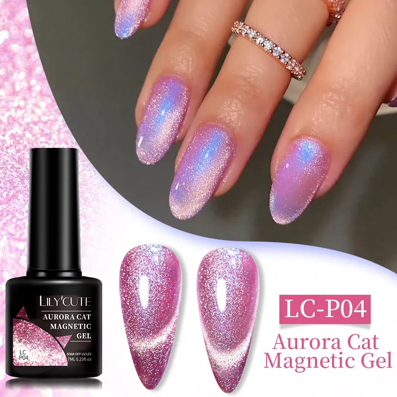 LILYCUTE 7ML 3 IN 1 Platinum Rose Gold Cat Magnetic Gel Nail Polish Moonlight Magnetic Gel Varnish Glitter Semi Permanent UV Gel