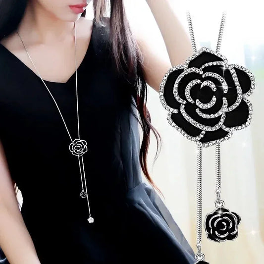 Asmi Black Rose Flower Long Necklace - TIA ART HOUSE