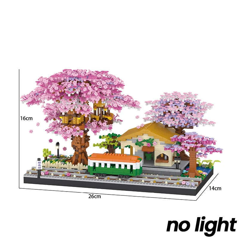 Mini Sakura Tree Building Blocks Set Diy Cherry Blossom Bricks with Light Treehouse Model Ornament Romantic Gift for Girlfriend