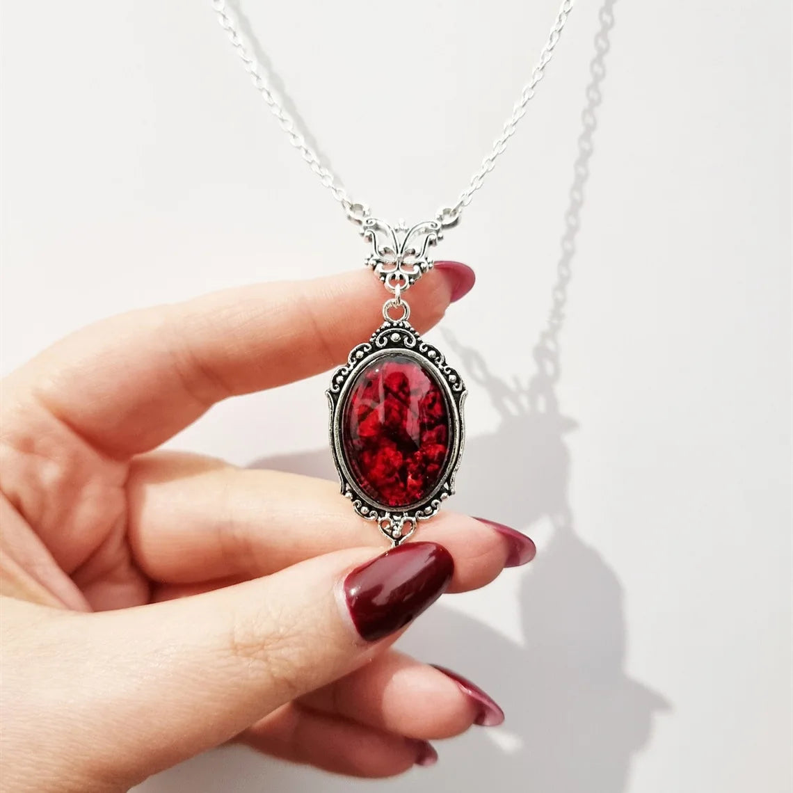 Gothic Vintage Red Quartz Crystal Necklace Butterfly Necklace Vampire Embossed