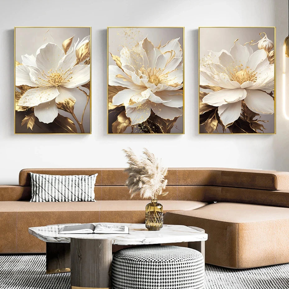 Gold Leaf White Flowers Modern Canvas Decorative Posters: Canvas Wall Art Picture Printing-No Frame