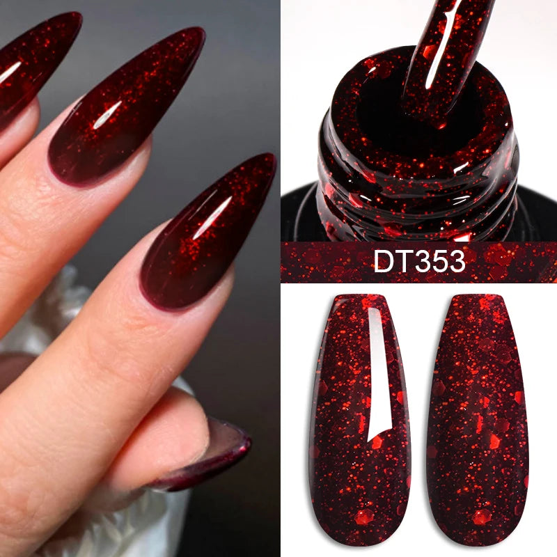 MEET ACROSS 7ml Red Series Gel Nail Polish Glitter Red Winter Nail Art Varnish Semi Permanent Soak Off UV Gel  For Nails