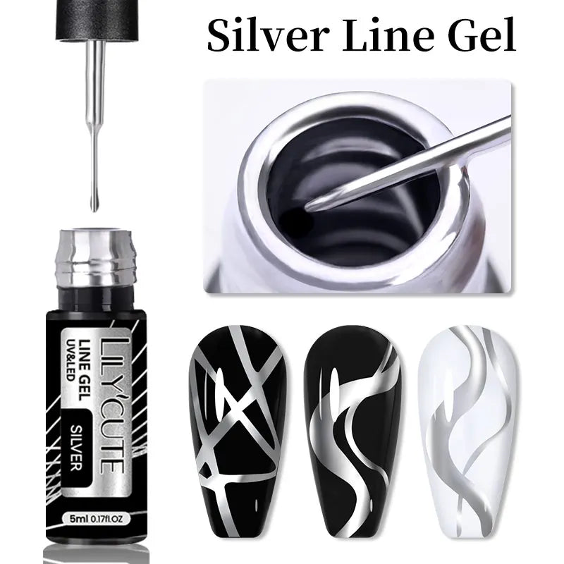 LILYCUTE 5ML Reflective Glitter Liner Gel Polish Nail Art Champagne Sparkling Lines Painting Gel Semi Permanent UV French Nails