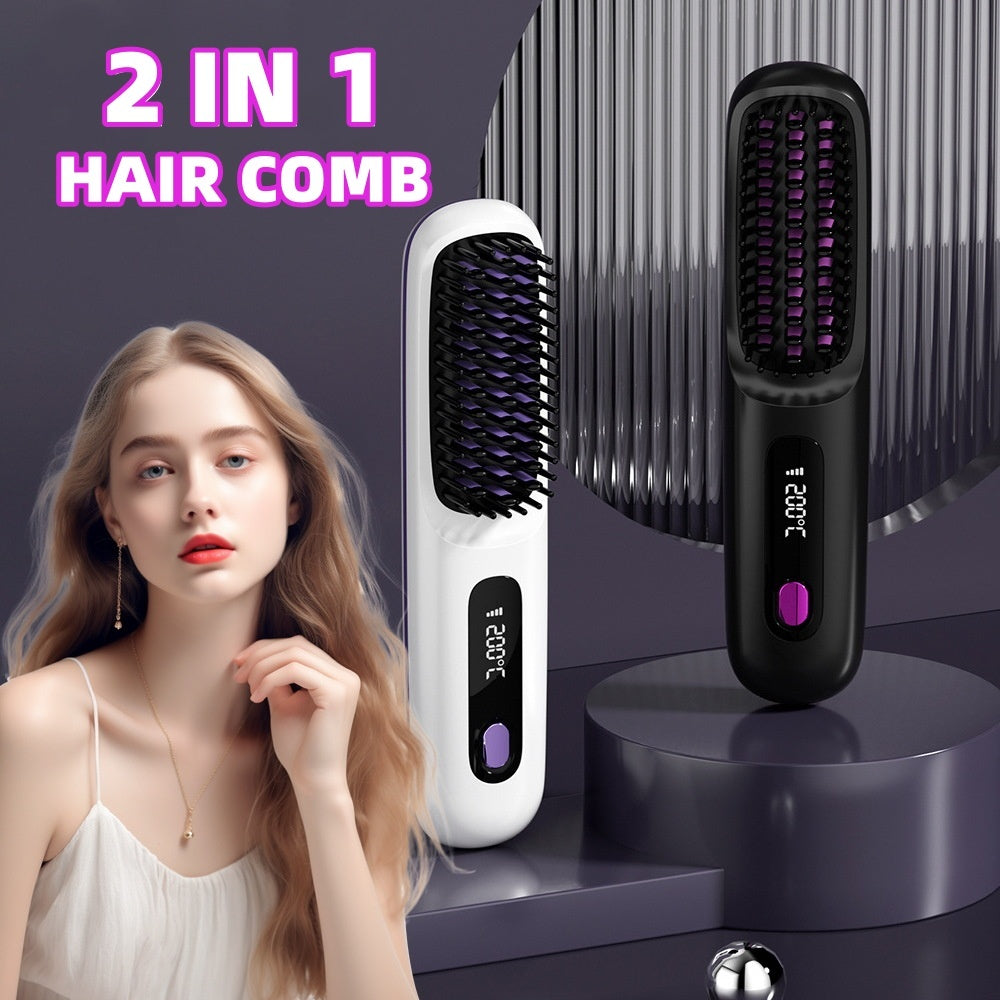 Sarita 2 In 1 Comb Wireless Hair Straightener Brush Hair Fast Heating Portable Hot Curler USB Charging-CJ