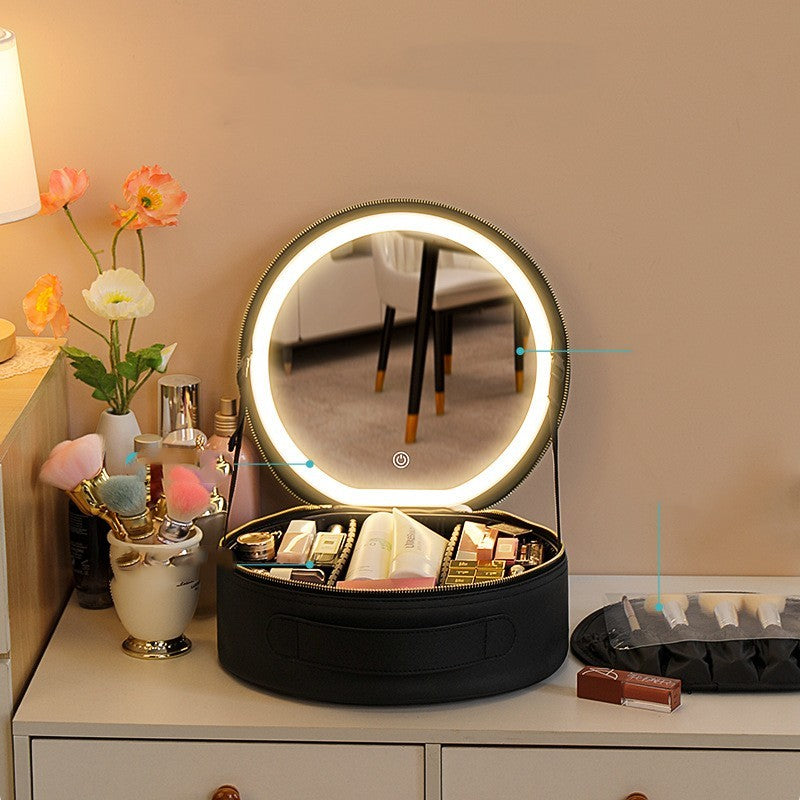 Round Smart LED Makeup Bag With Mirror Lights.