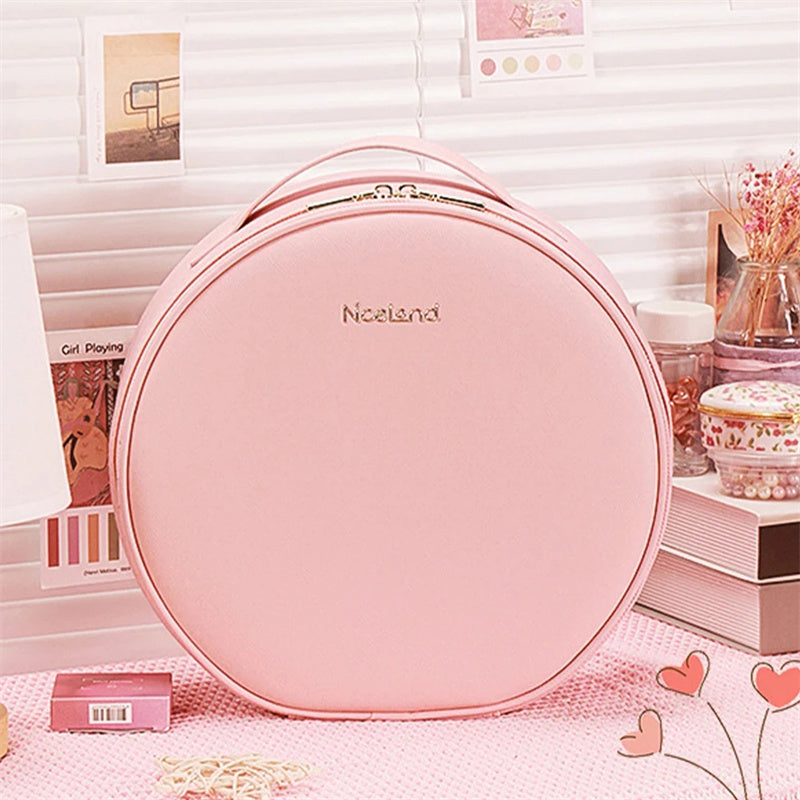 Round Smart LED Makeup Bag With Mirror Lights.